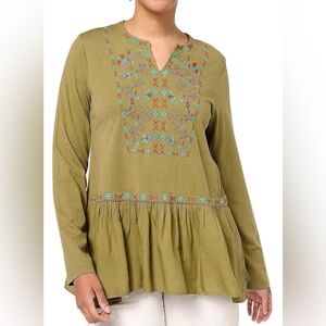 LOGO by Lori Goldstein Limited Edition Olive Embroidered Tunic EUC Size XL